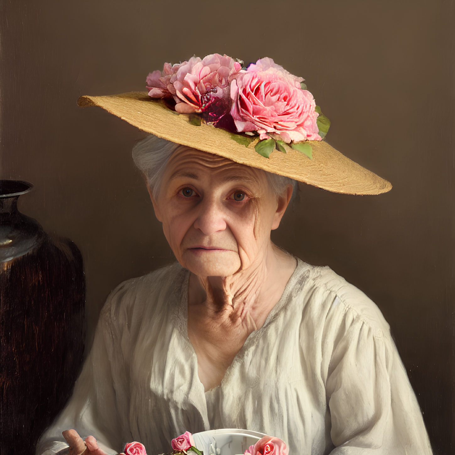 Elderly woman in straw hat with teacup and vase