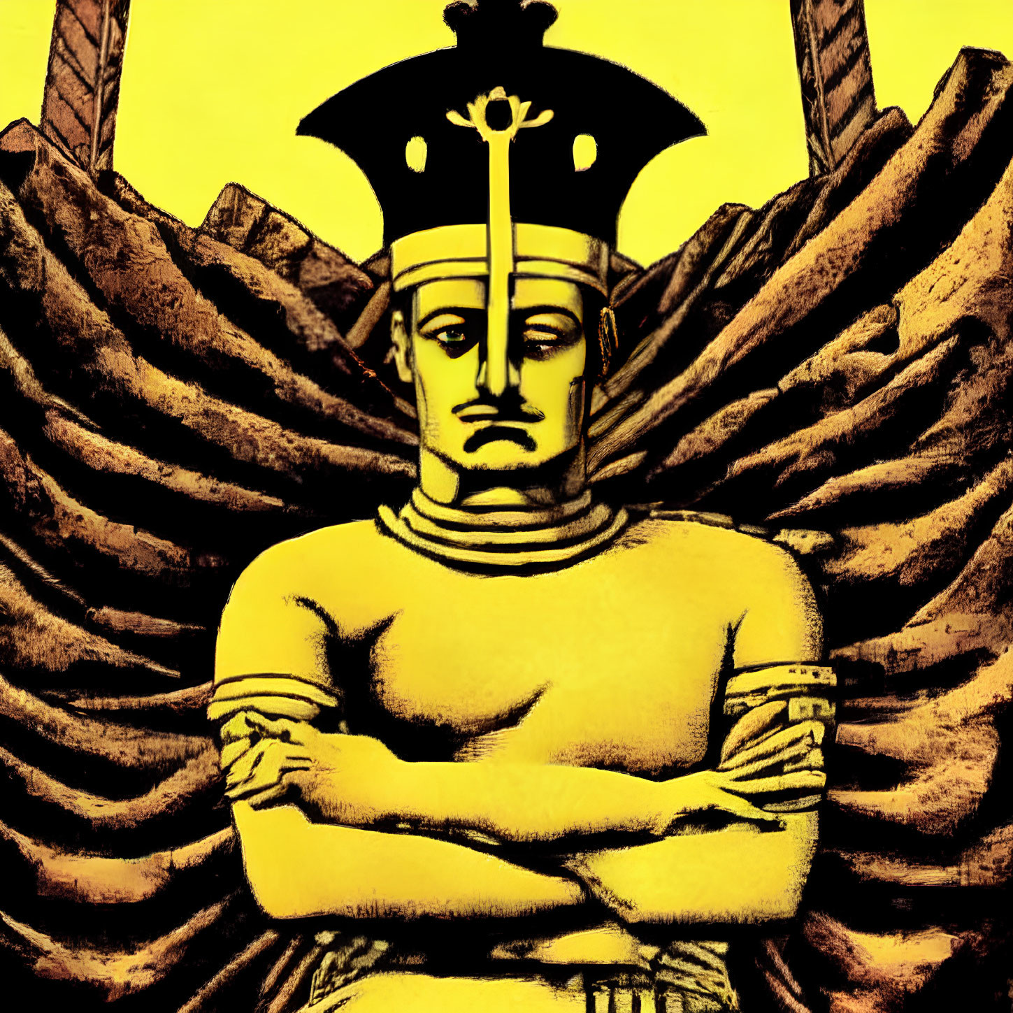 Warrior in Armor with Crested Helmet on Yellow Background