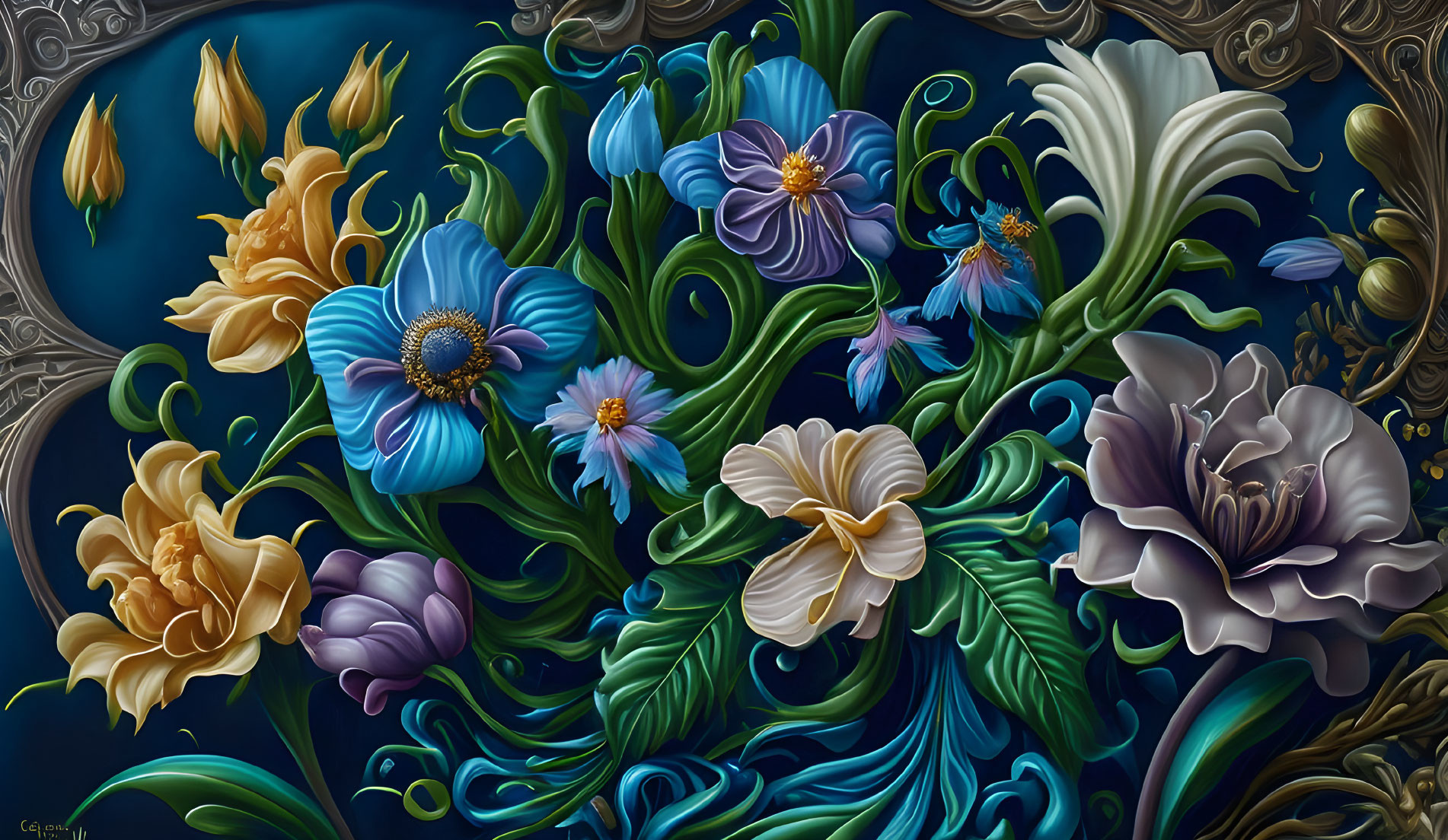 Vivid Floral Arrangement in Blue, Purple, and Yellow on Dark Background