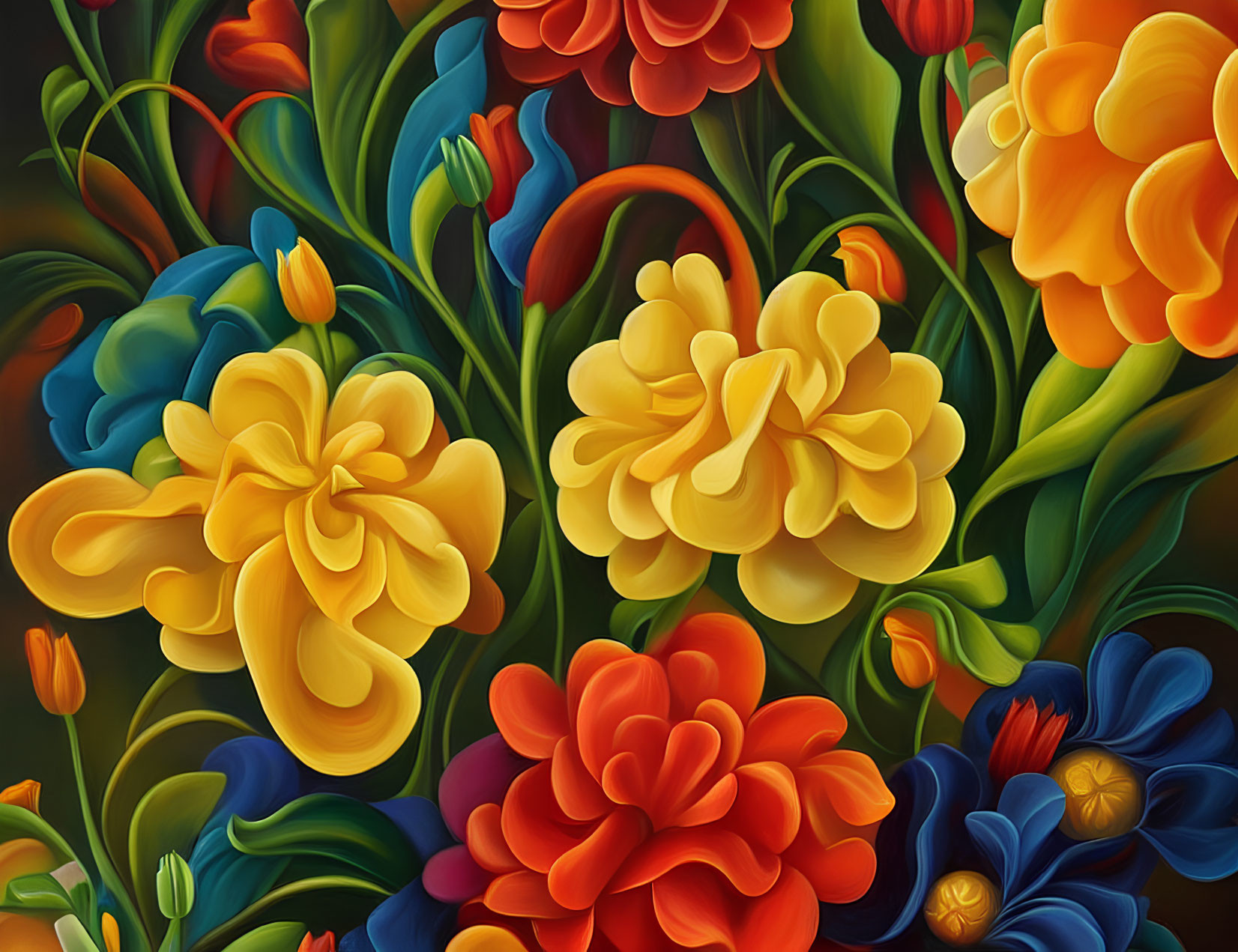 Colorful Stylized Flowers Artwork in Yellow, Red, Orange, and Blue