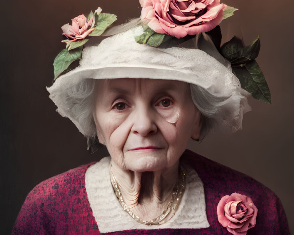 Elderly woman in hat with pink roses and pearl necklace on warm backdrop