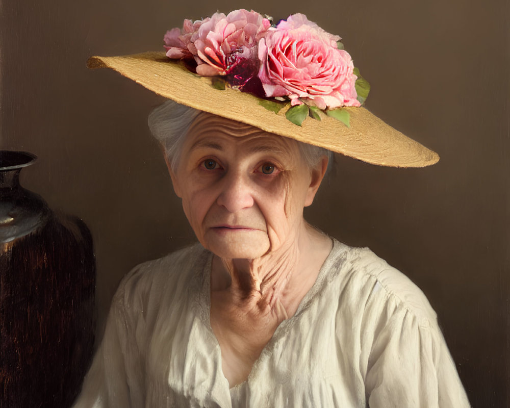 Elderly woman in straw hat with teacup and vase