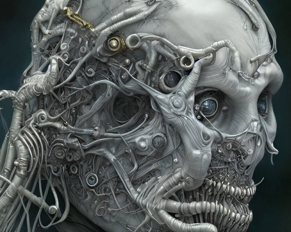 Detailed digital artwork of humanoid skull with intricate biomechanical elements