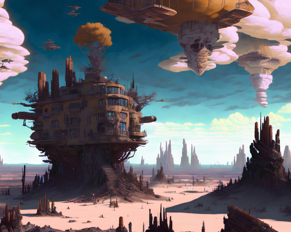 Futuristic floating cities above desert with rock formations and lone tree