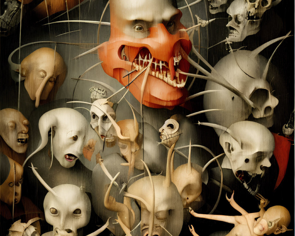 Assorted faces and skulls in surreal dark composition