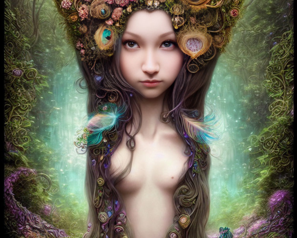 Mystical female figure with floral and peacock feather crown in enchanted forest.