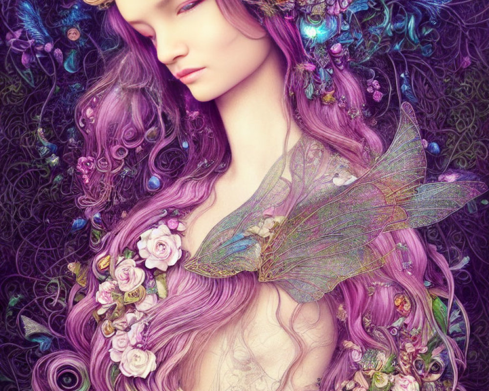 Ethereal figure with purple hair and butterfly wings in whimsical artwork