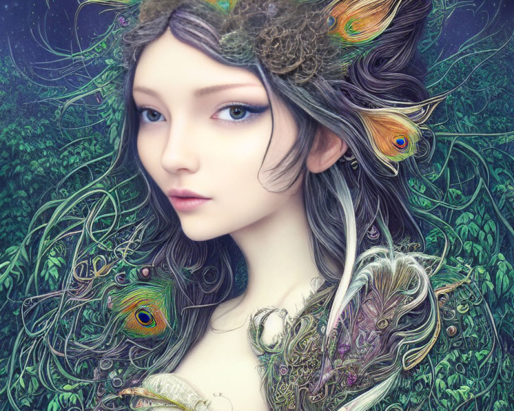 Woman with Peacock Feathers and Metallic Adornments in Surreal Portrait