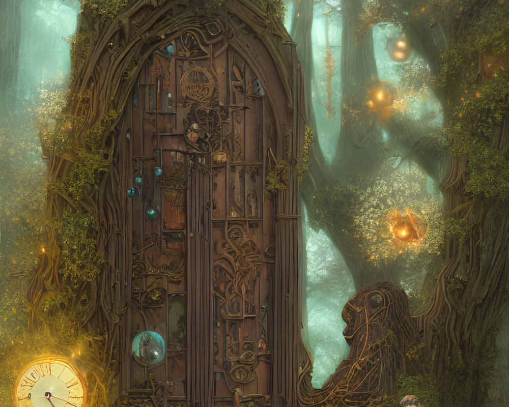 Mystical forest scene with ornate tree door, glowing orbs, and embedded clock