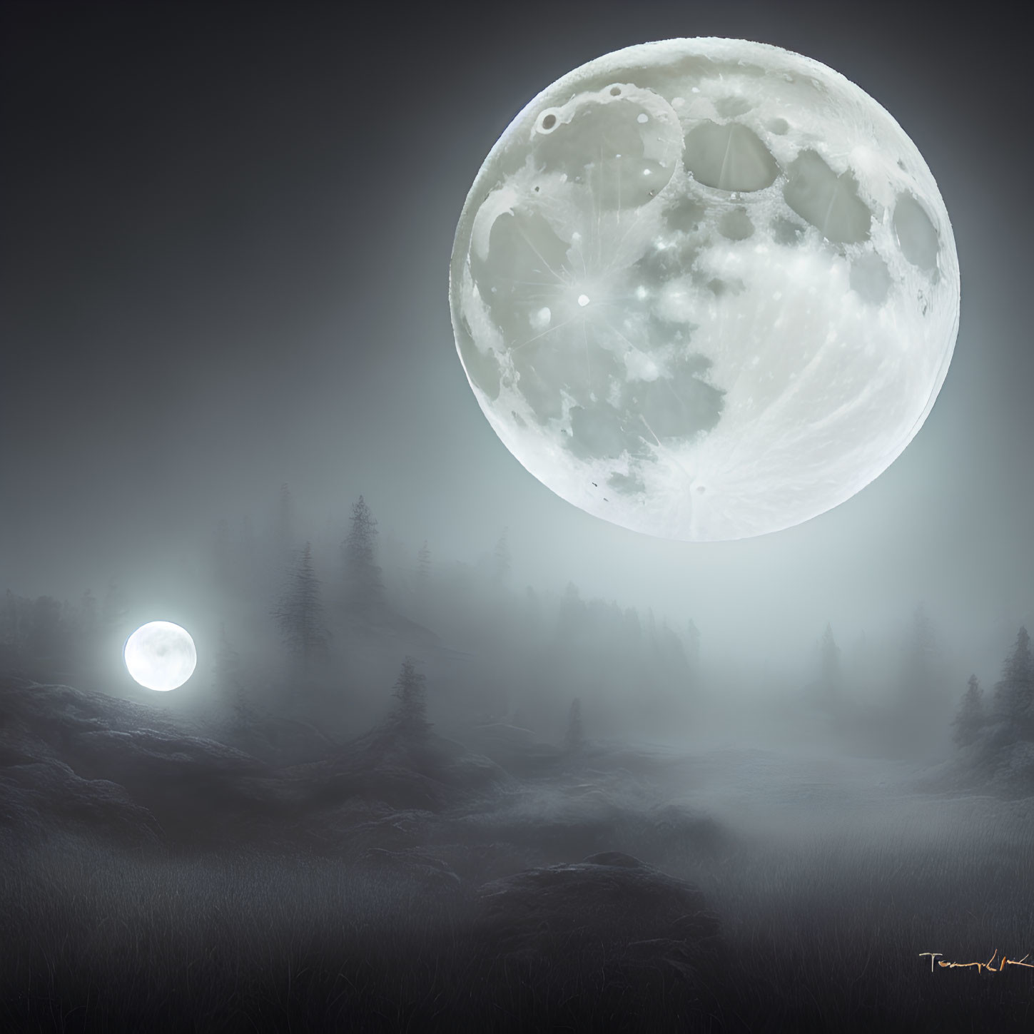 Luminous full moon over misty nocturnal landscape with pine trees