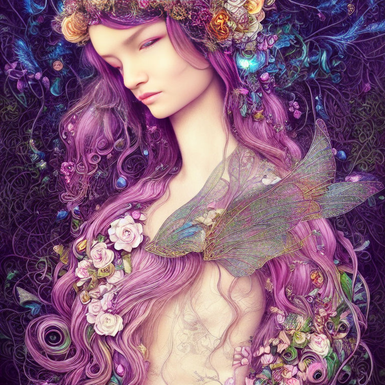 Ethereal figure with purple hair and butterfly wings in whimsical artwork