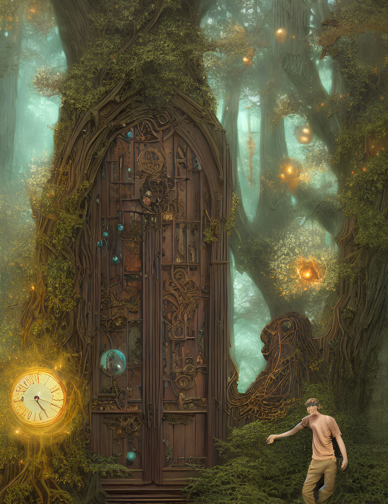 Mystical forest scene with ornate tree door, glowing orbs, and embedded clock