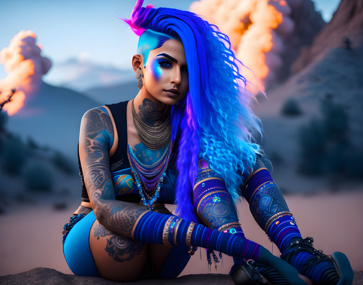 Vibrant blue hair, tattoos, bold makeup in desert sunset pose