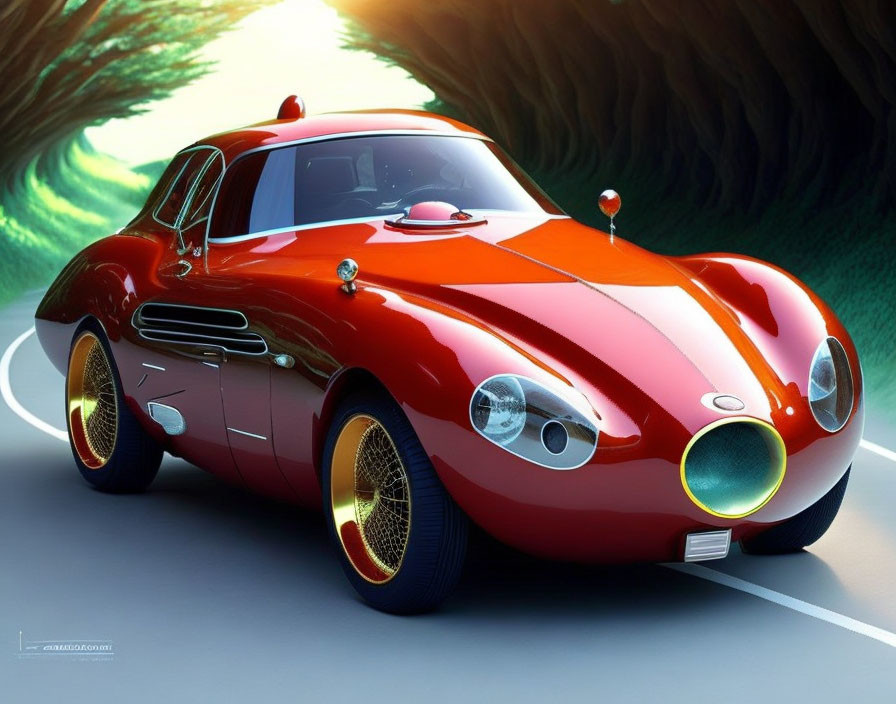 Vintage Red Car with Round Headlights and Golden Wheels on Tree-Lined Road