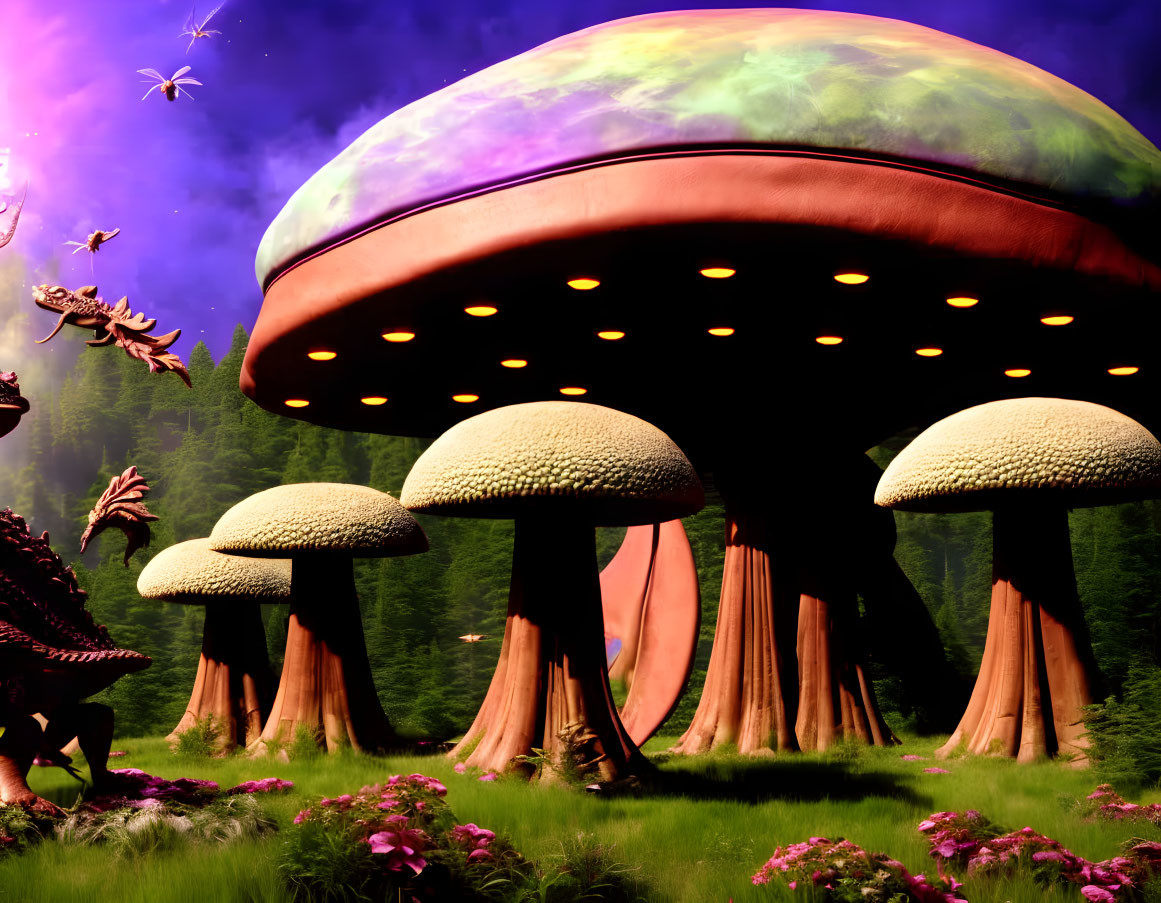 Enchanting forest scene with oversized glowing mushrooms and vibrant flora