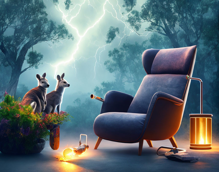 Kangaroos, chair, lamp, book under lightning storm in mystical forest