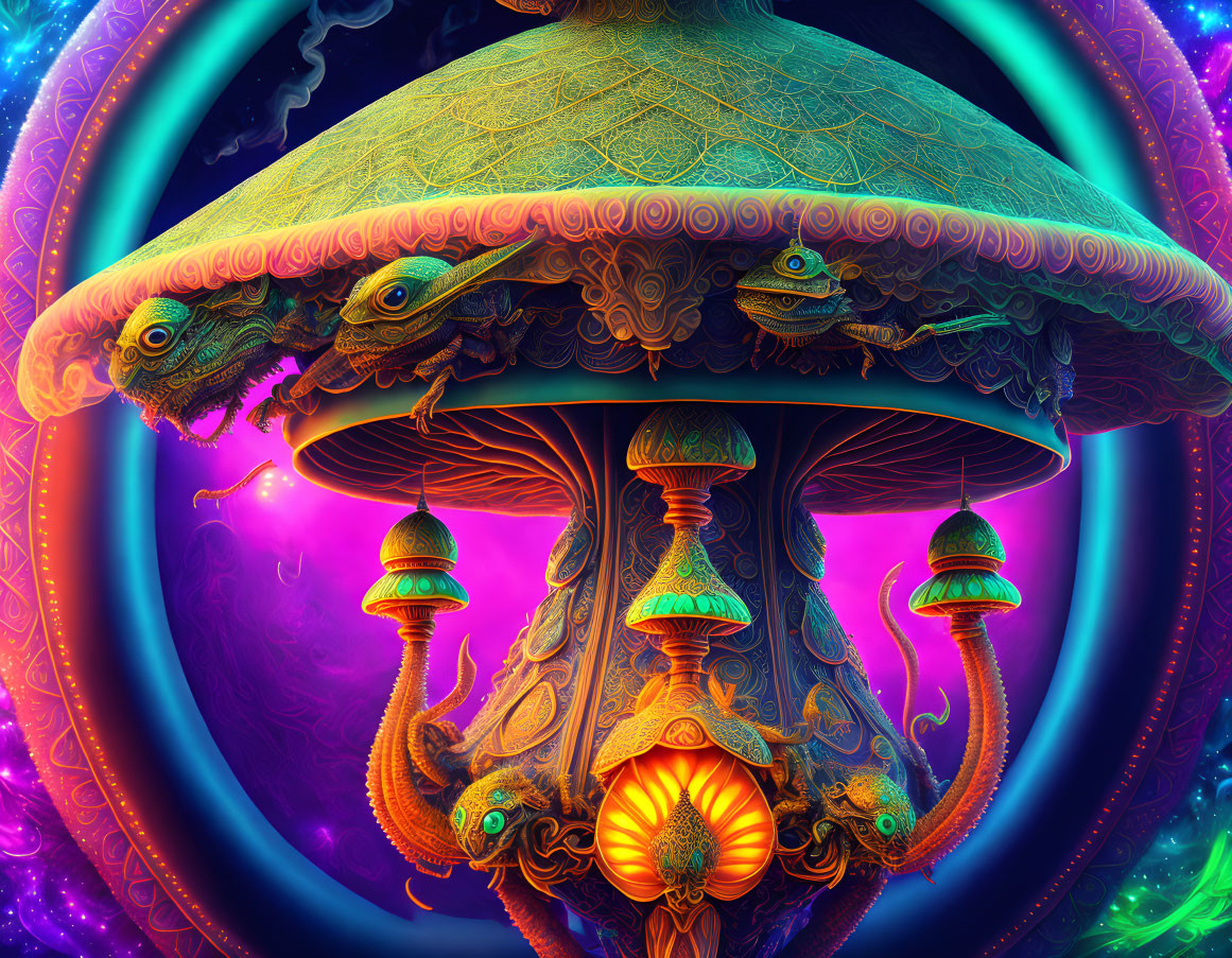 Colorful digital artwork of stylized mushroom with intricate patterns and whimsical details