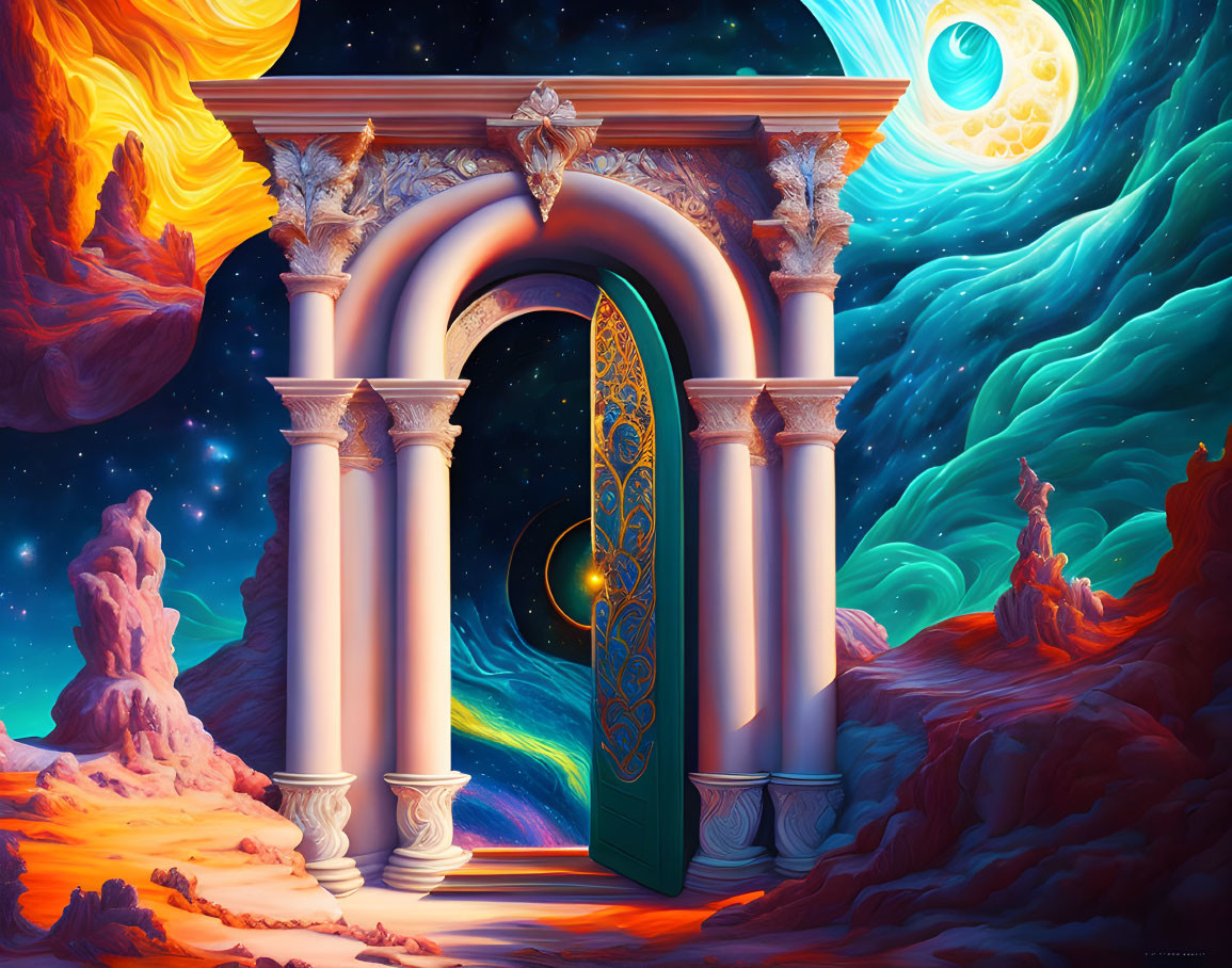 Ornate classical arch door in fantastical landscape