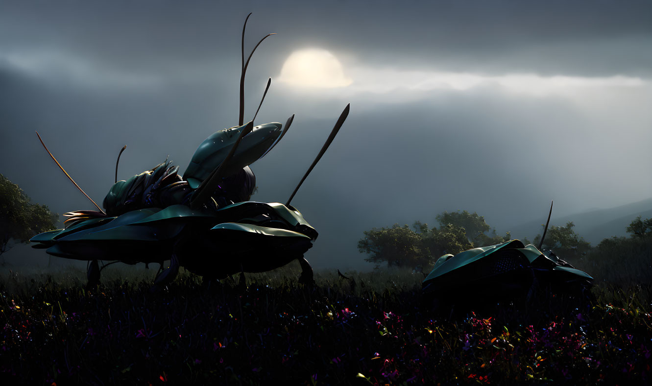 Stylized beetles in misty twilight landscape with moon and flowers