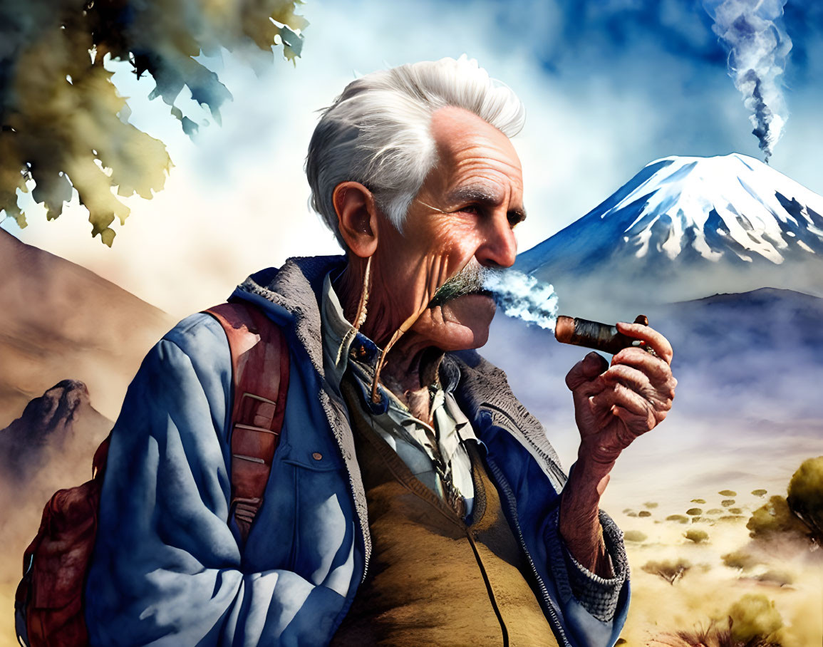 Elderly man smoking cigar in blue jacket with snowy mountain backdrop