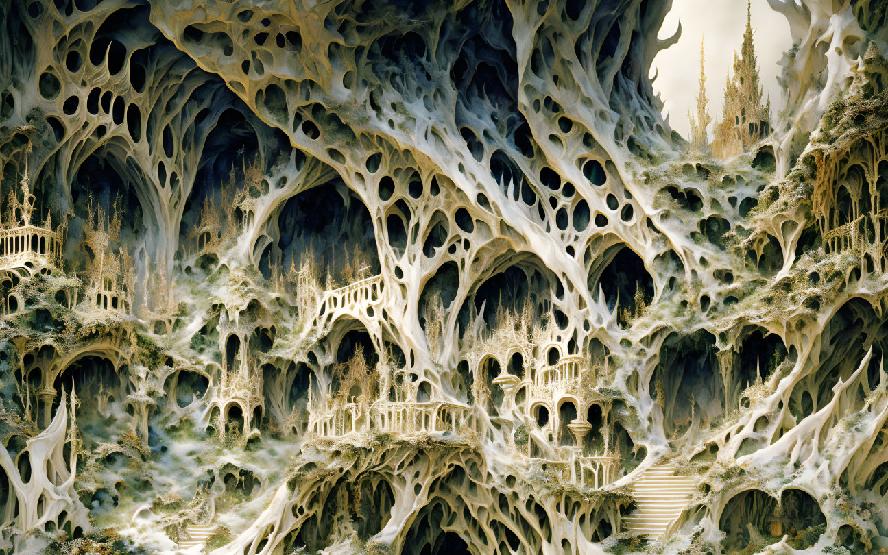 Surreal bone-like landscape with gothic architecture under pale sky