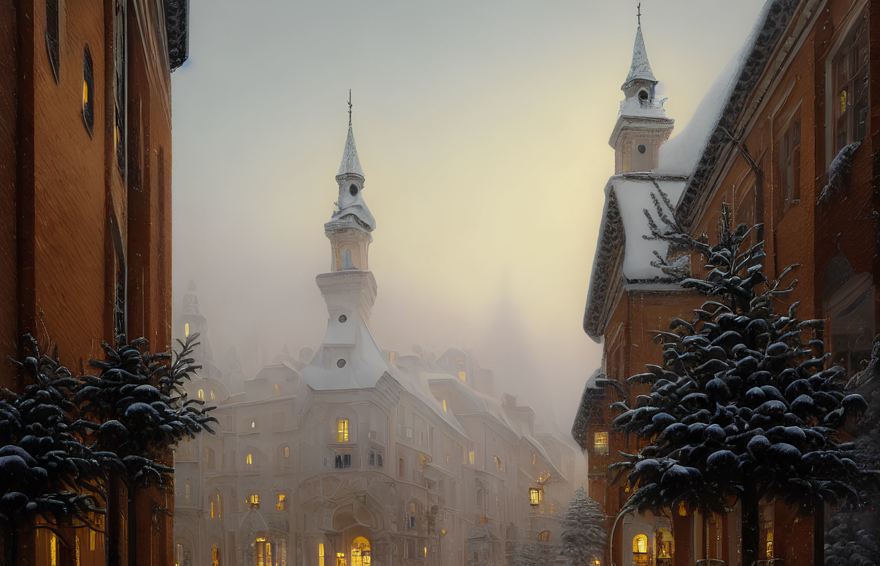 Snow-covered street with historic buildings and spires at dusk