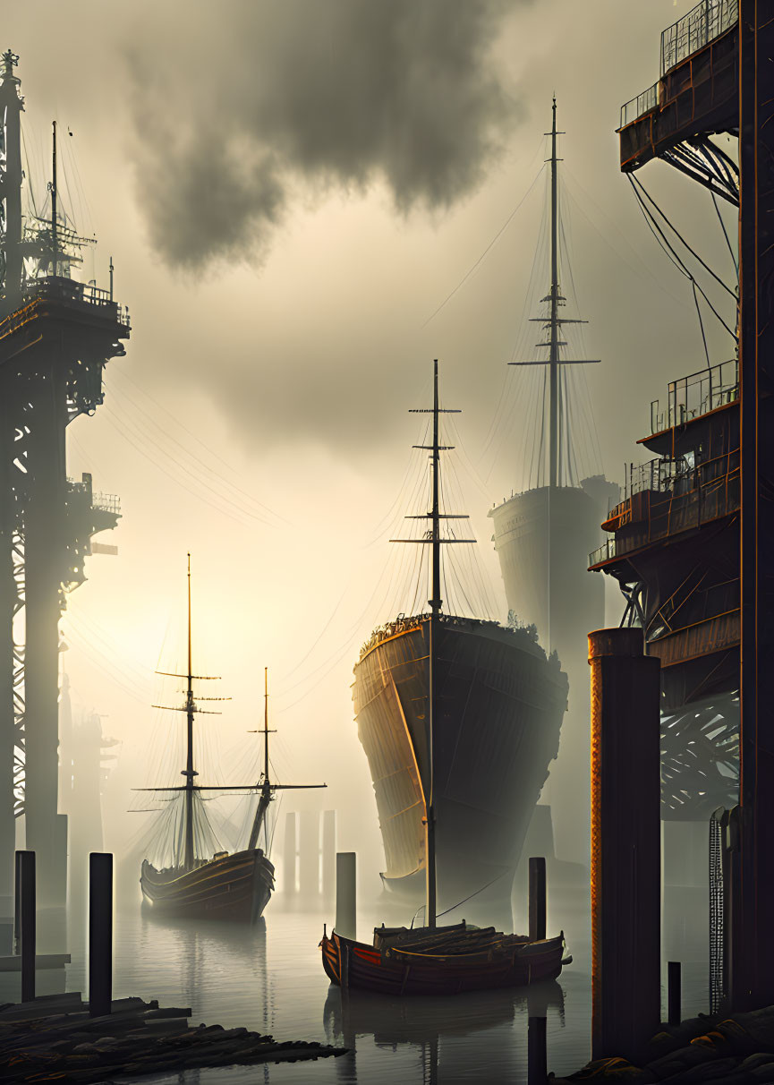 Historical and modern maritime vessels in misty setting