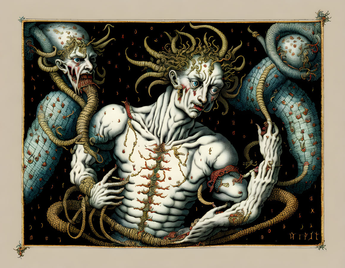 Detailed multi-headed serpent creature in ornate armor on dark background