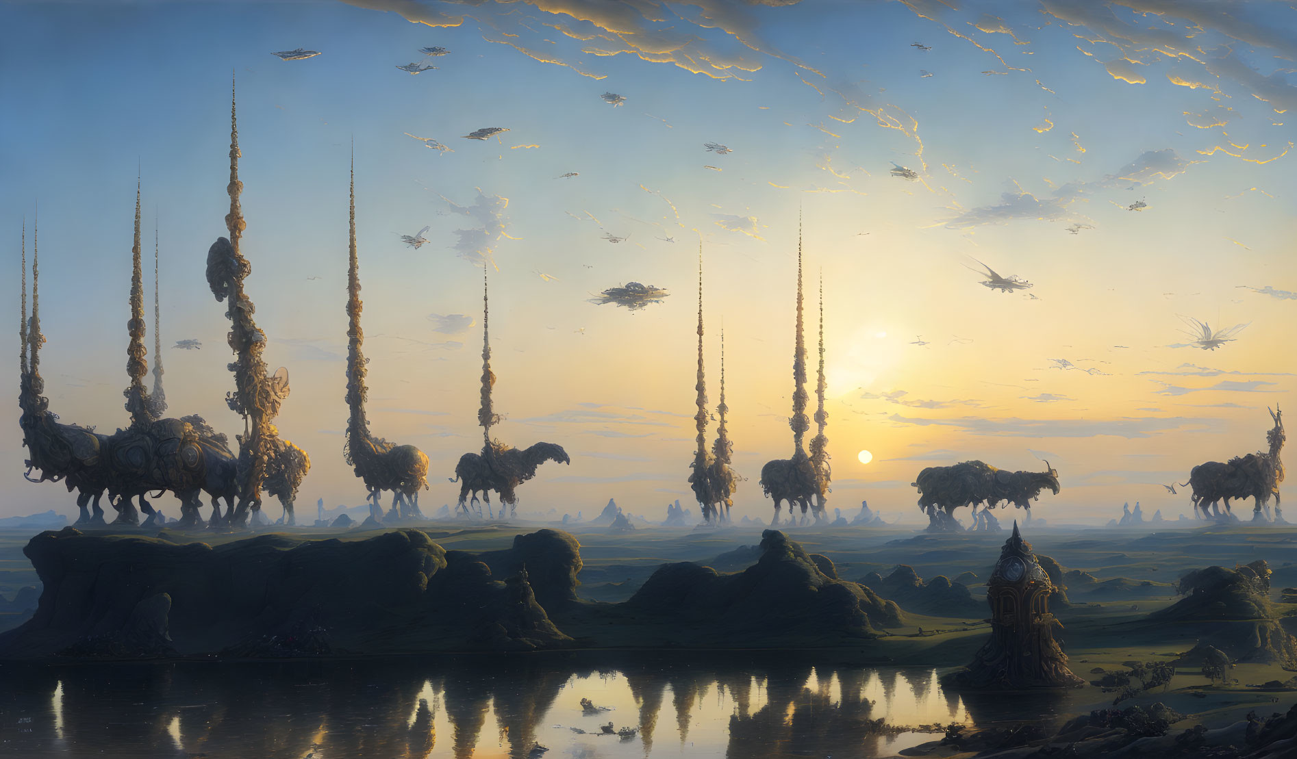 Fantastical sunset landscape with floating islands and tethered elephant-like beasts