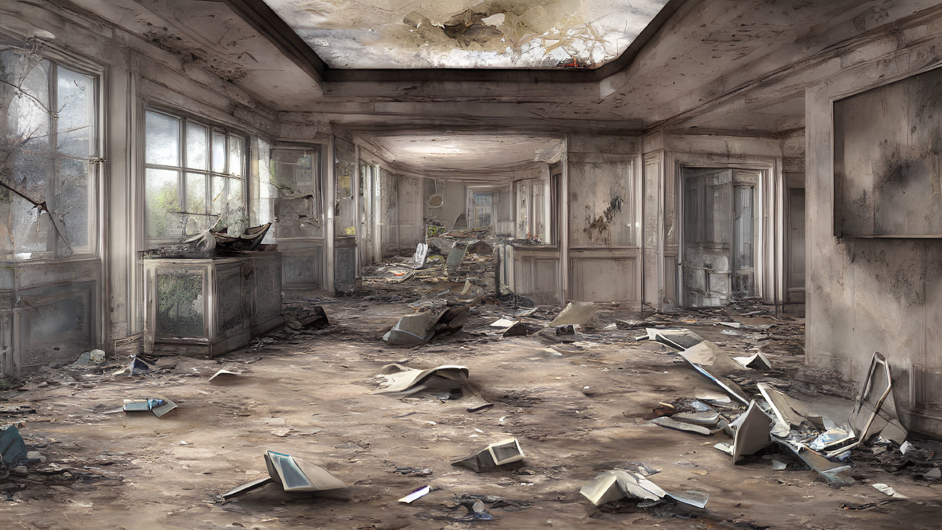 Abandoned room with debris, fallen books, broken windows, peeling ceiling