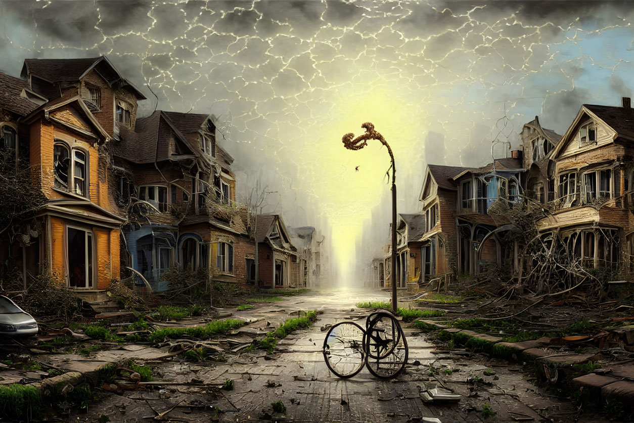 Desolate street with dilapidated houses, stormy sky, lightning, old bicycle, and lev