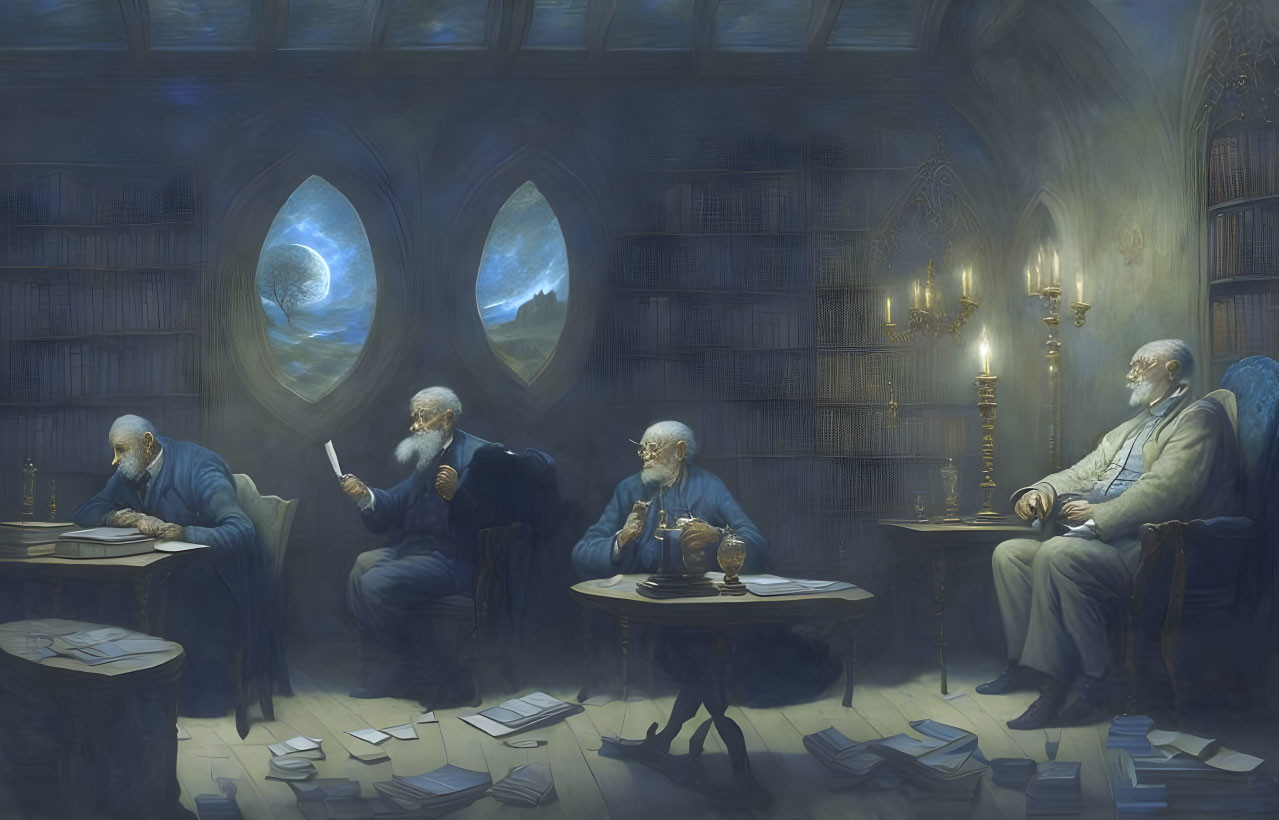 Four scholars immersed in reading and writing in a moonlit, book-filled room