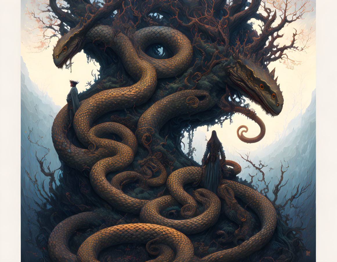 Fantastical art: Entwined dragon trees in misty mountains