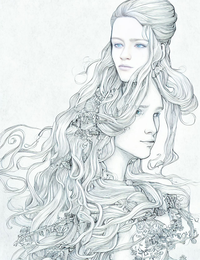 Detailed black and white illustration of two women with flowing hair and floral patterns