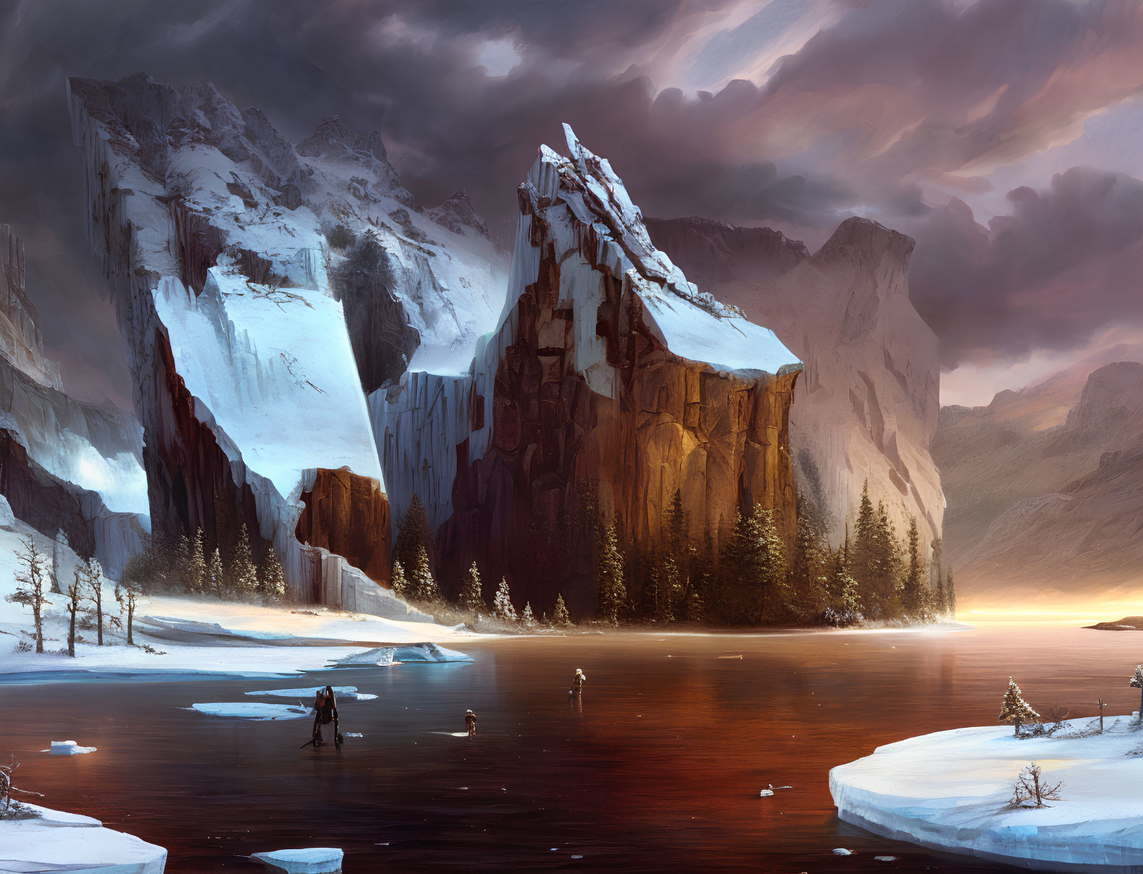 Snowy mountain landscape with serene lake at dusk and warm sunlight reflections