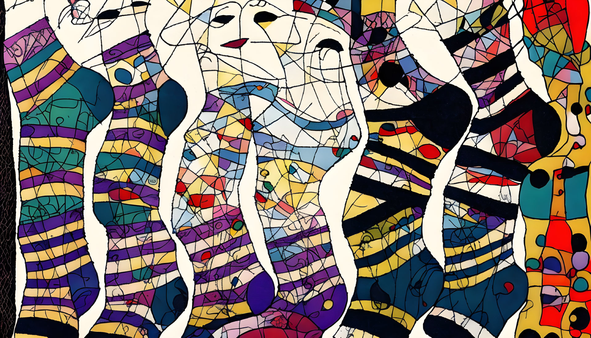 Colorful Abstract Stained Glass Art with Interlocking Human Figures