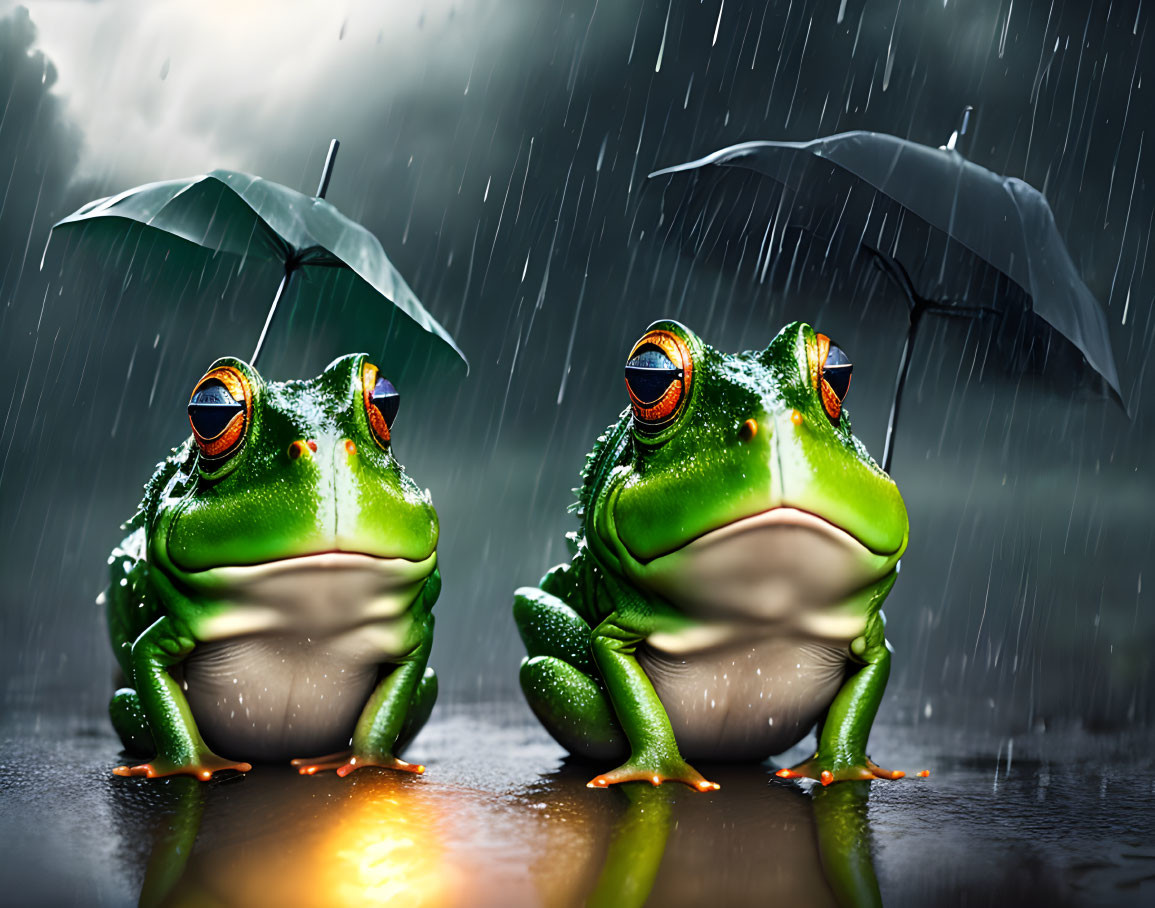 Whimsical rainy backdrop with two frogs and umbrella