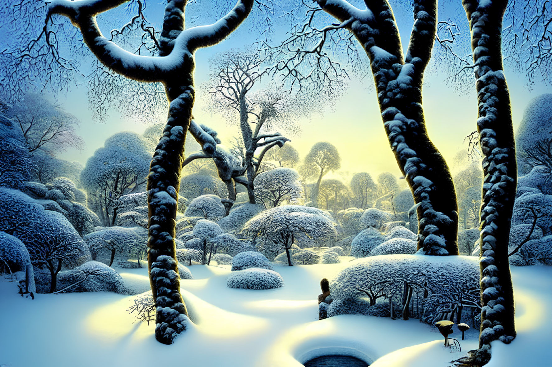 Snow-covered trees in magical winter landscape with glowing blue sky