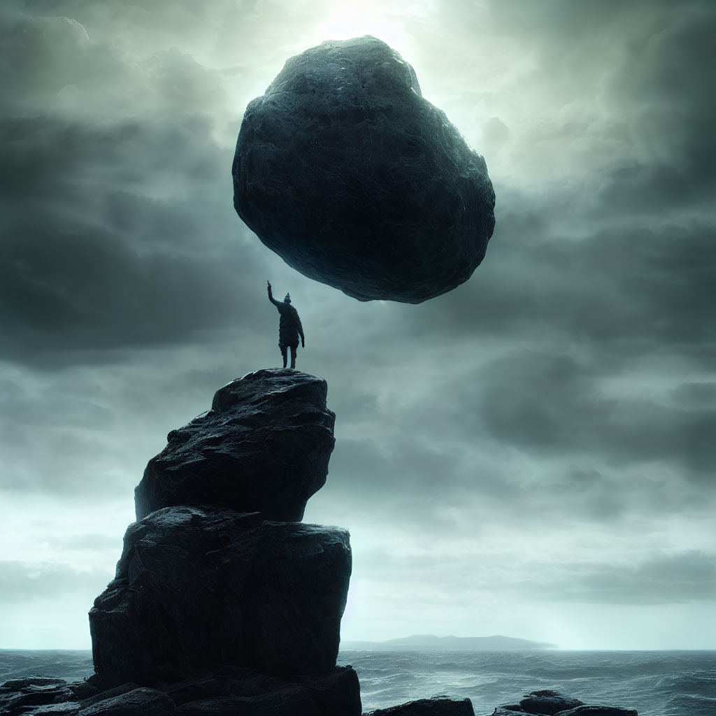 Person standing under levitating boulder on rocky peak in ominous seascape