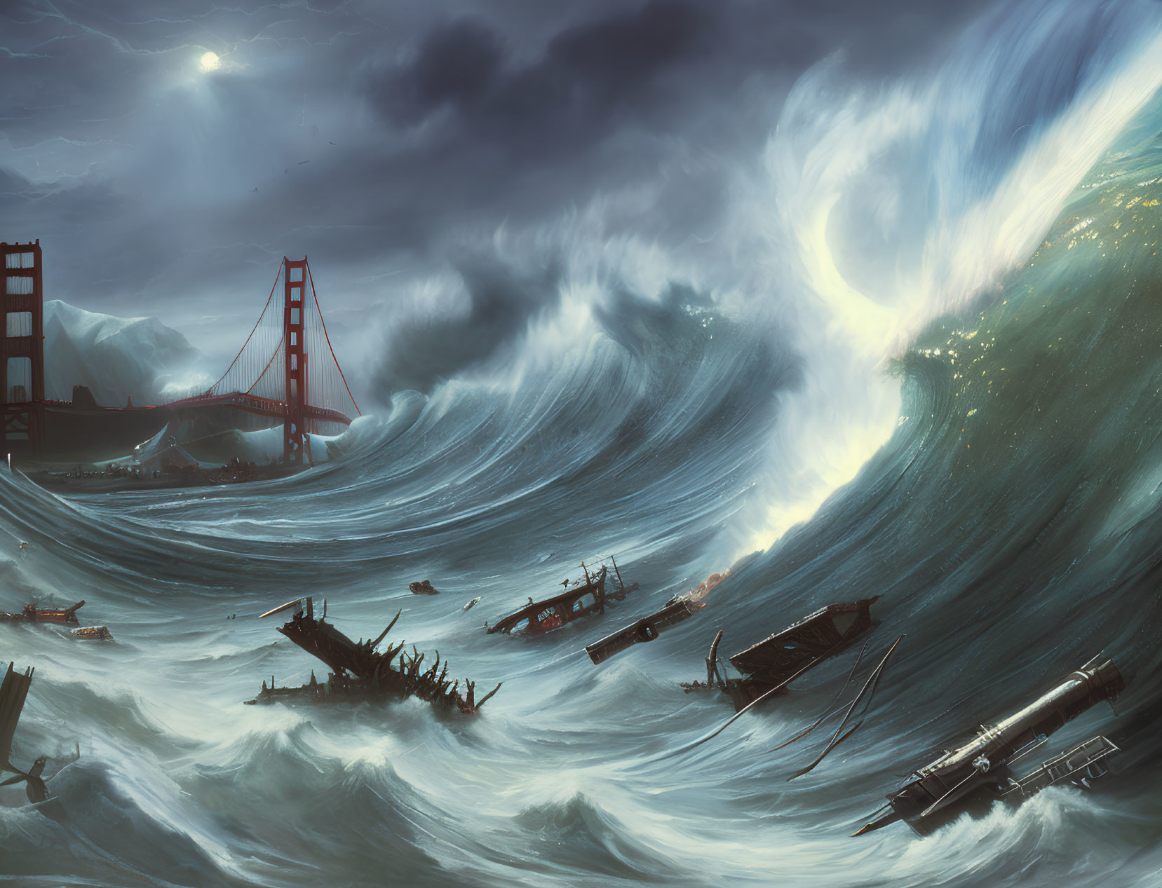 Apocalyptic scene of Golden Gate Bridge engulfed by massive waves