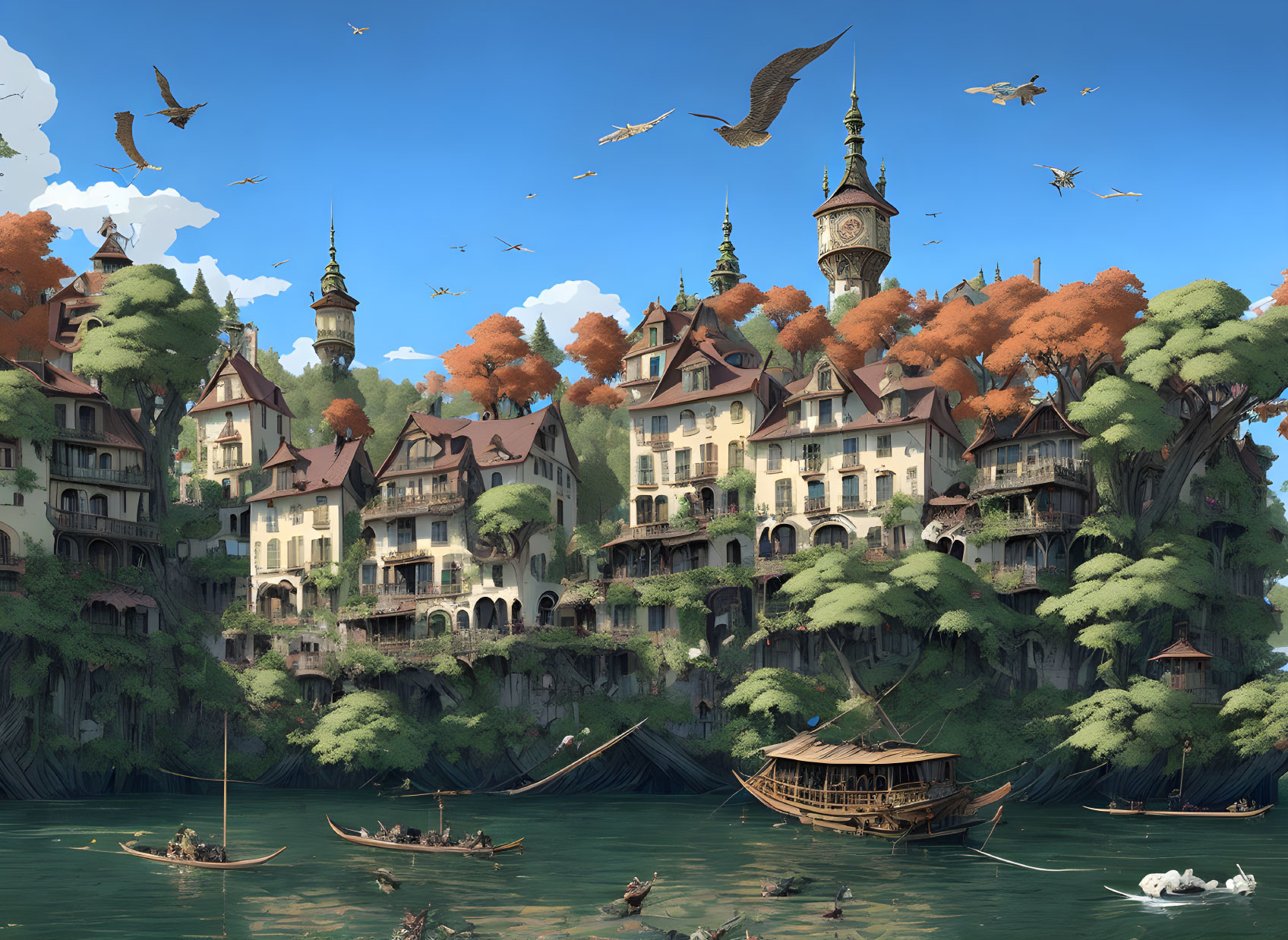 Fantastical riverside town with towering spires and autumn-hued trees