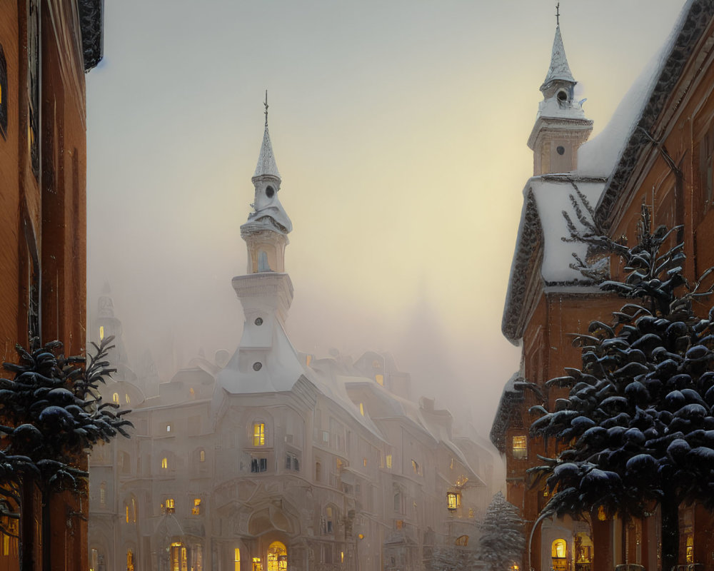 Snow-covered street with historic buildings and spires at dusk