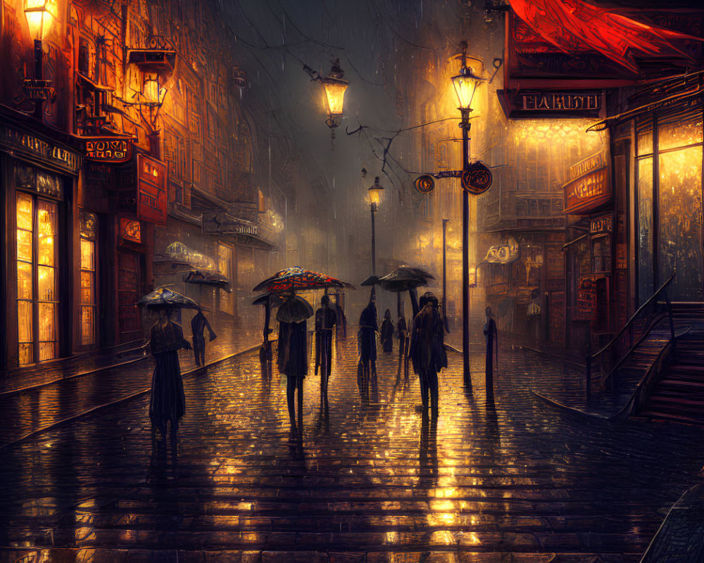 Urban night scene: Rainy street with warm lights and umbrellas