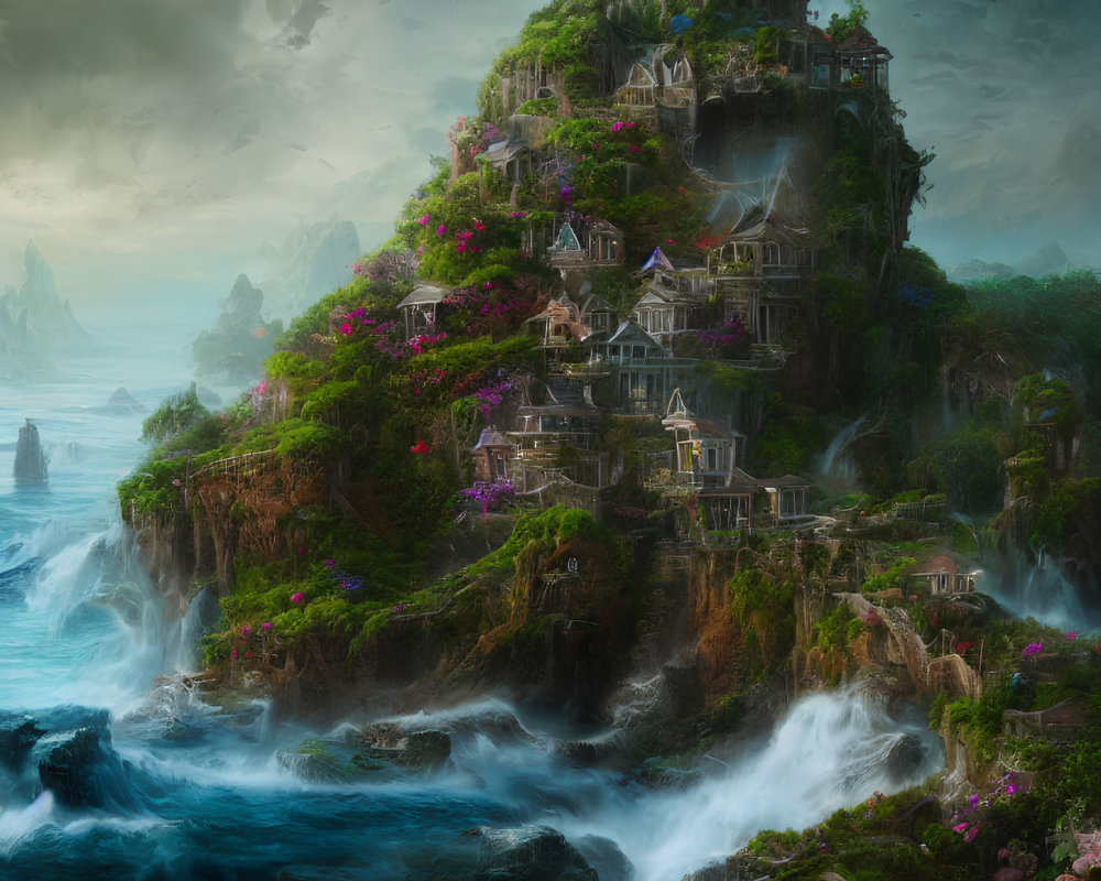 Scenic coastal cliff with waterfalls, greenery, houses, and dramatic sky