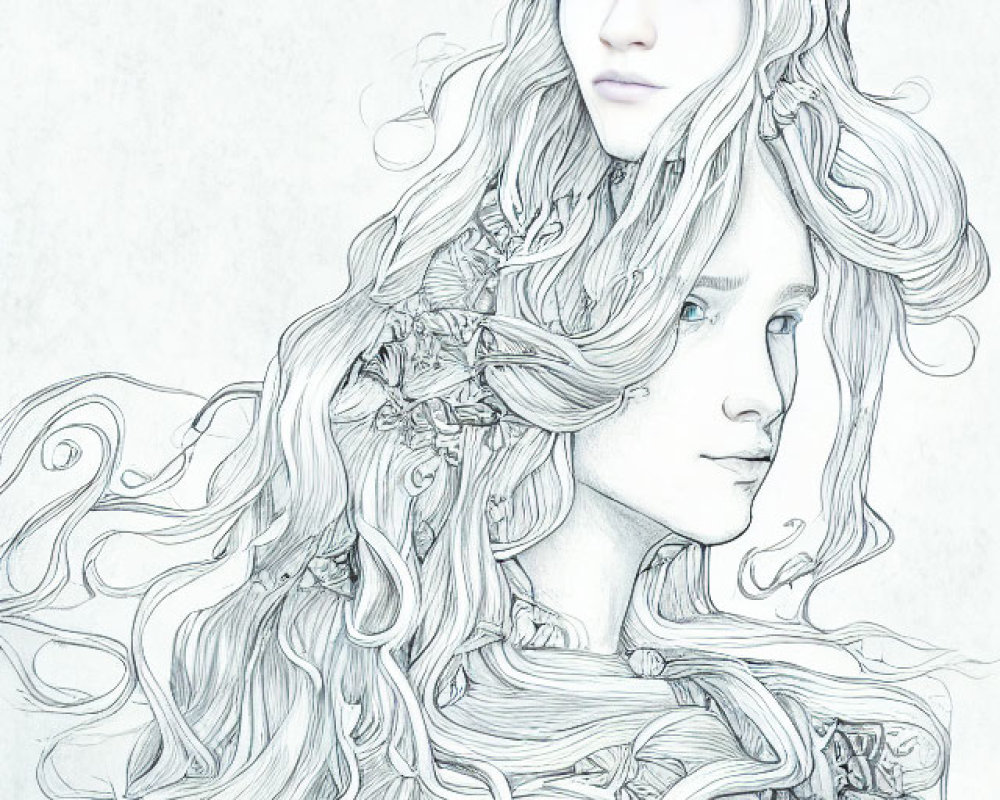 Detailed black and white illustration of two women with flowing hair and floral patterns