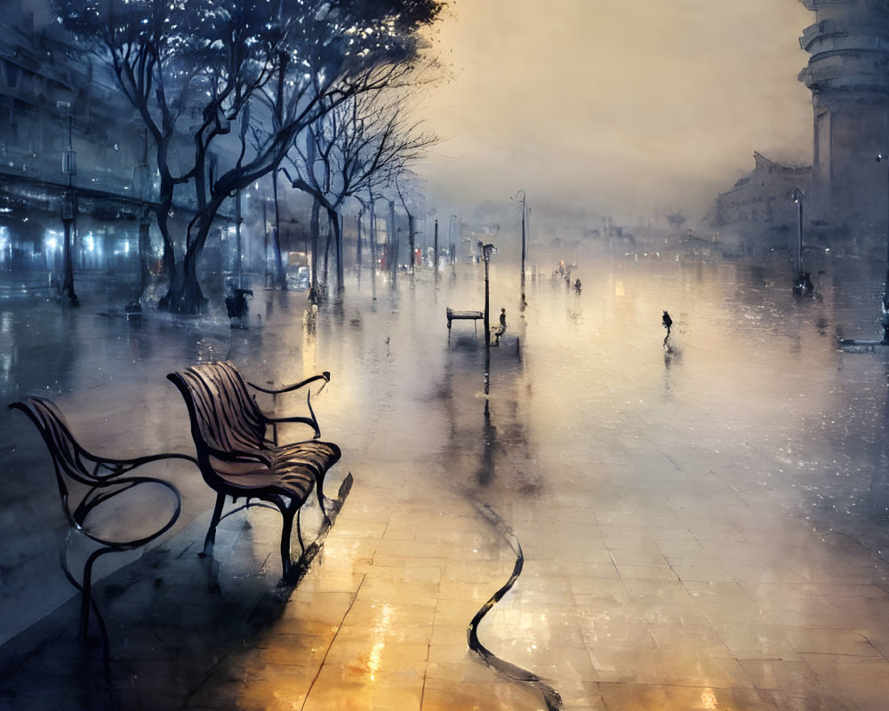 Misty city scene with wet pavement and silhouettes at twilight