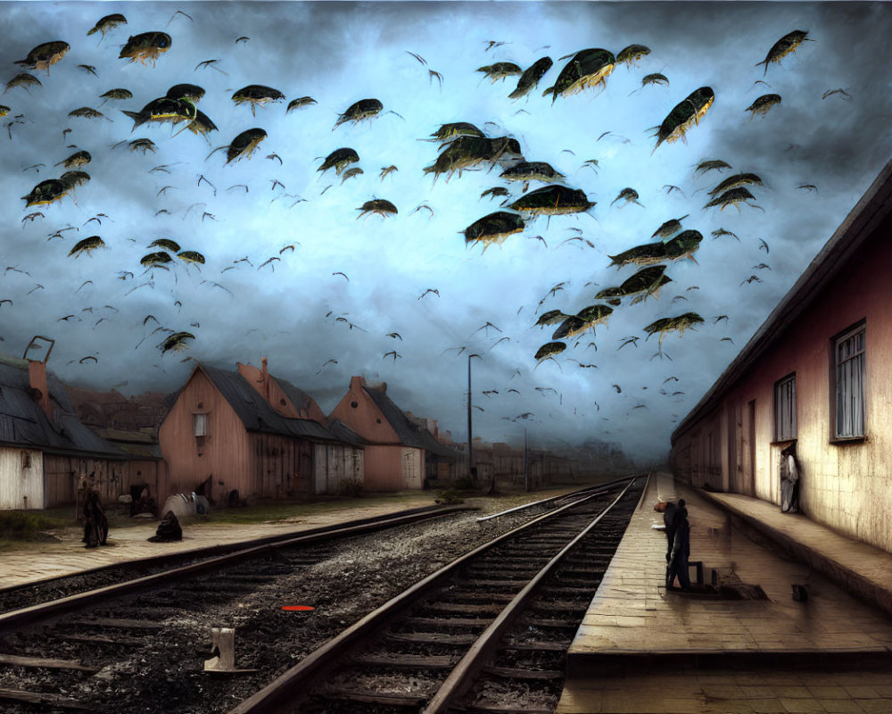 Surreal fish swimming in the air over misty railway platform with vintage buildings and people observing