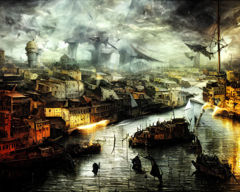 Dystopian cityscape with golden hue, waterways, boats, dense buildings, and futuristic structures