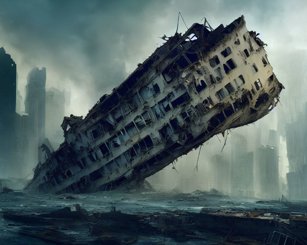 Decaying capsized cruise ship in waterlogged cityscape storm.