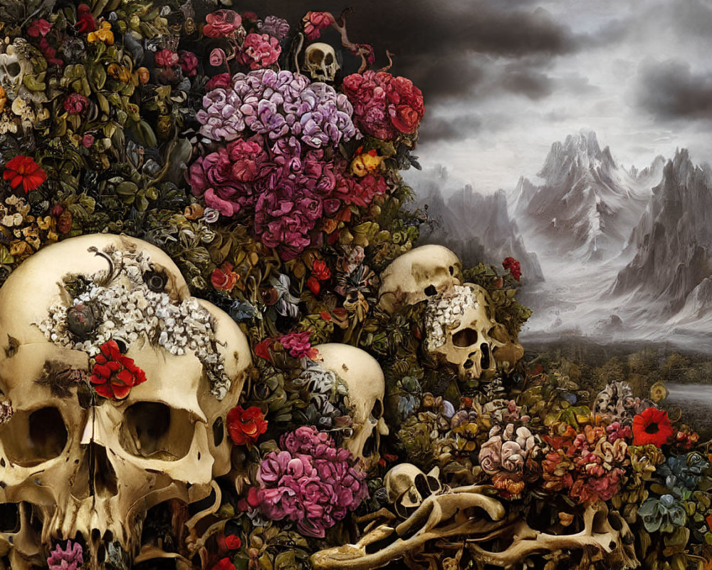 Vibrant floral blooms with human skulls and bones against dark mountains